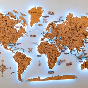 Cork World Map, Wall Map World Push Pin, Wood Cork Map Personalized Travel, Wooden Map Art, Office Decor, Housewarming Gift for Traveler