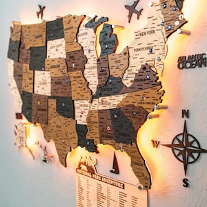 Mapa de viajes de EE. UU. de madera: Decoración de pared con chinchetas y parques nacionales