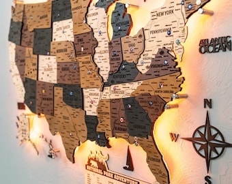 Wooden USA Map – Push Pin Wall Art, National Park Travel Map, Above Bed Rustic Decor, New Apartment or Housewarming Gift