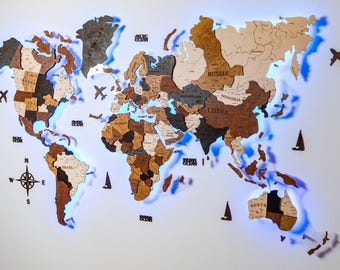 3D Wooden World Map LED: Push Pin Travel Wall Art