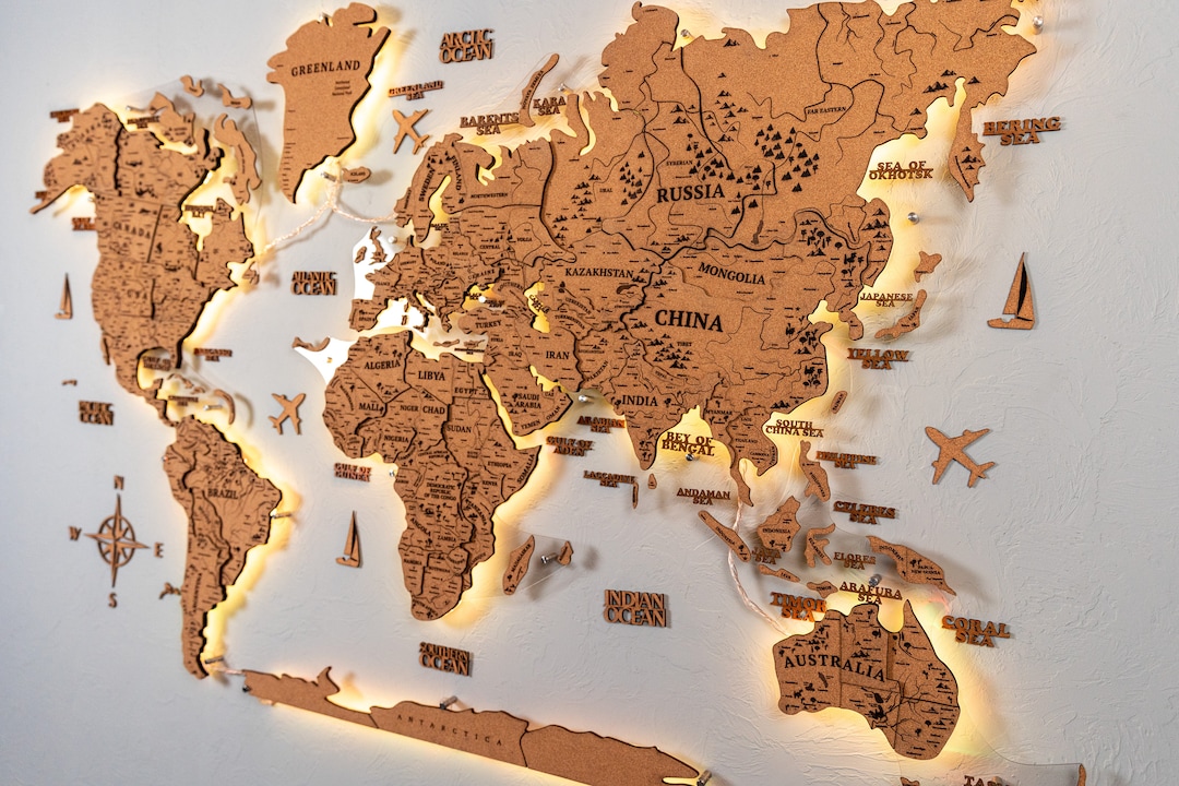 LED Cork World Map, Push Pin Flags, Travel Cork Map, Cork Map Wall Art