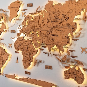 LED Cork World Map, Push Pin Flags, Travel Cork Map, Cork Map Wall Art, Wooden Map Backlight, World Map, Wooden Map, Map of the World