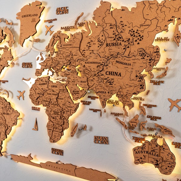 LED Cork World Map, Push Pin Flags, Travel Cork Map, Cork Map Wall Art, Wooden Map Backlight, World Map, Wooden Map, Map of the World