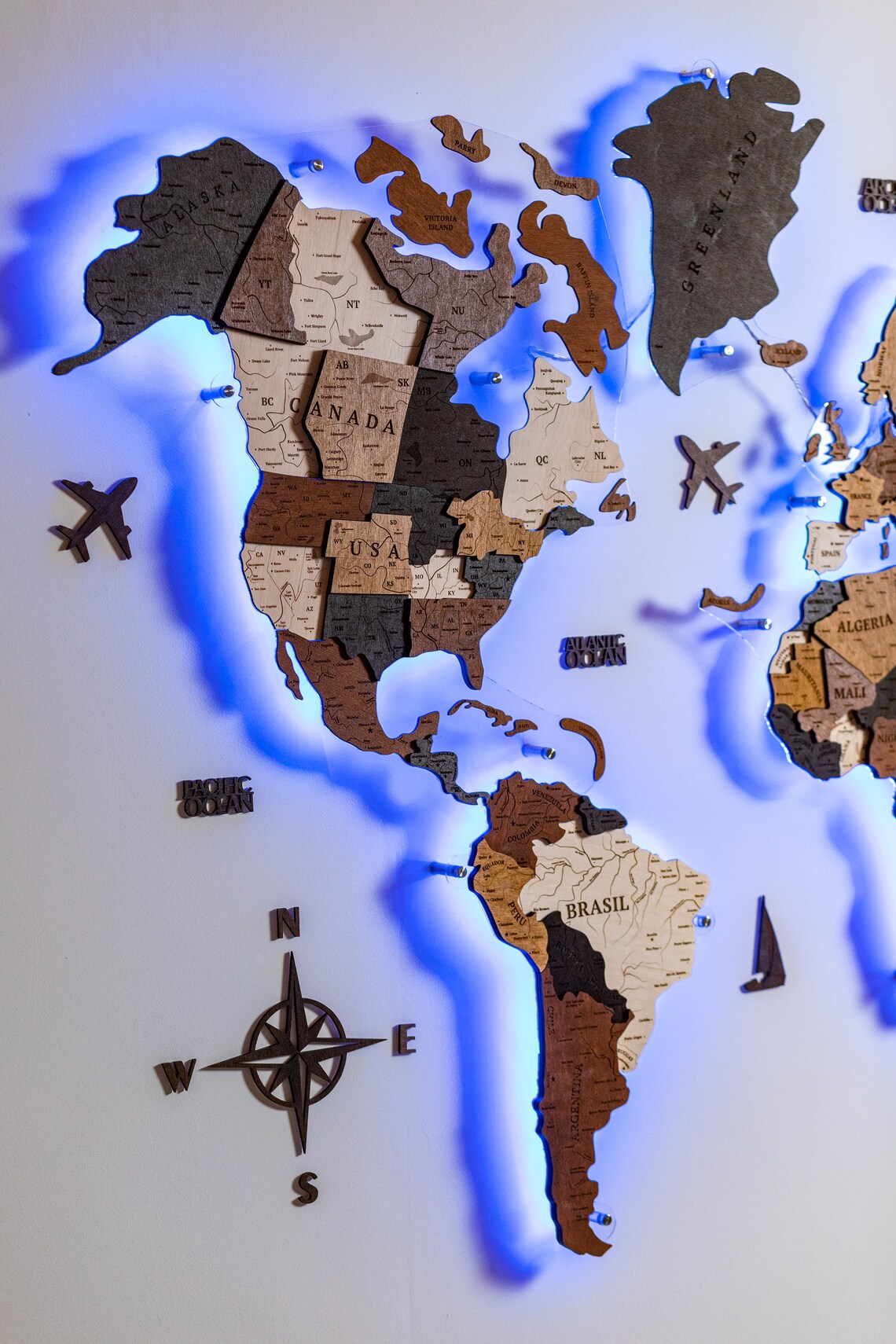 Led Wooden World Map Wood World Map Weltkarte Holz Wooden Etsy