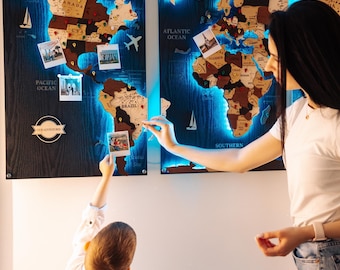 LED Wooden World Map | Cork Push Pin Travel Art | Light-Up Home Decor