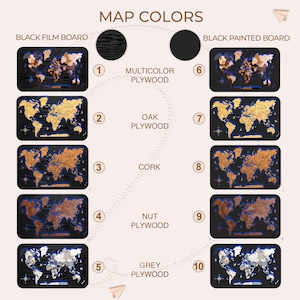 The image is a visual representation of different types of world map boards, each with a unique color and material. The text labels the various map boards, including a black film board, a black painted board, a multicolored plywood board, an oak plywood board, a cork board, a nut plywood board, a grey plywood board, and a grey and black plywood board.