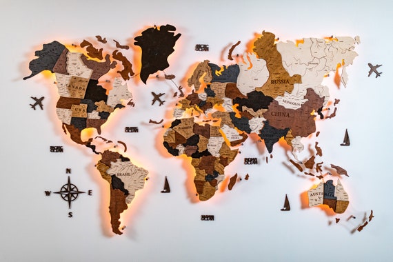 Led Wooden World Map, Wood World Map, Weltkarte Holz, Wooden Map,  Backlighting, 3d Wood World Map, LED Lighting, Home Wall Decor 