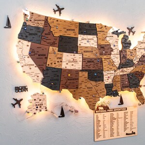 Wooden USA Map Wall Art – Push Pin Travel Map of United States, National Park Map, Personalized US Map, Wedding or New Home Gift