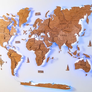 LED 3D World Map | Wooden Wall Decor | Rustic Travel Map Art | Birthday or Anniversary Gift