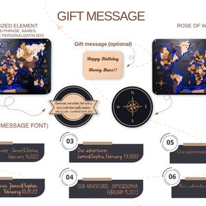 The image is a gift message featuring a personalized world map with a rose of wind motif. It includes a map of the world with a rose on it, and a message for a birthday gift. The message is personalized with the names of the recipient, James Sophia and James Sophia, along with their birth dates. The image also includes a map of the world with a rose on it, and a message for a birthday gift. The image is a collage of multiple images, and the text is limited to avoid redundancy and ensure clarity.