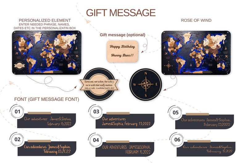 The image is a gift message featuring a personalized world map with a rose of wind motif. It includes a map of the world with a rose on it, and a message for a birthday gift. The message is personalized with the names of the recipient, James Sophia and James Sophia, along with their birth dates. The image also includes a map of the world with a rose on it, and a message for a birthday gift. The image is a collage of multiple images, and the text is limited to avoid redundancy and ensure clarity.