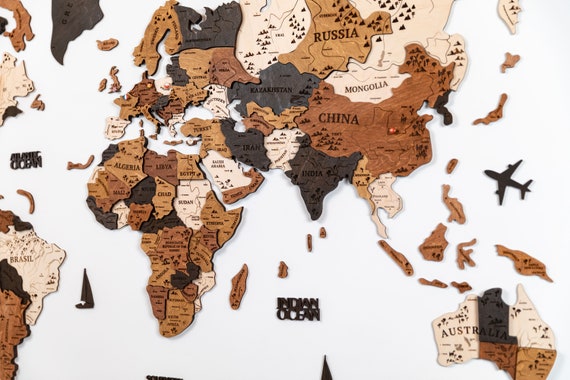 Wooden Detailed World Map With Free Pins Flags, Push Pin Travel