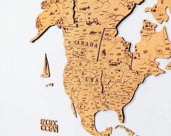Push Pin World Map – Personalized Wood & Cork Travel Tracker with LED