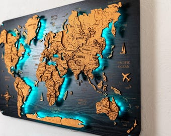LED Wooden World Map: Cork Push Pin Travel Wall Decor