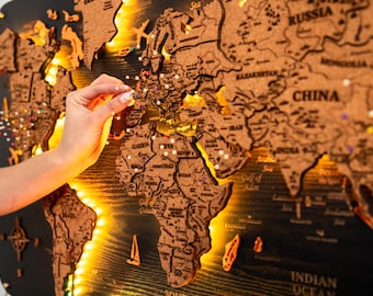 LED Cork & Wooden World Map Wall Art – Push Pin Travel Map with