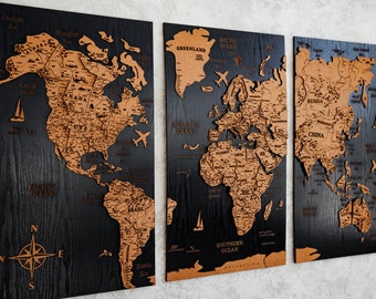 World Map Wall Art 5th Anniversary Gift, 3 Piece Wall Art Hanging New Home Gift, Travel Map Family Gift, Push Pin Map New Apartment Gift