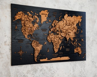Wooden World Map Wood Black Board