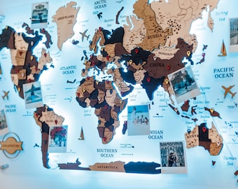 LED Acrylic World Map Wall Art: Push Pin Travel Map
