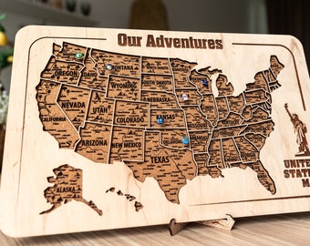 Adventure US Map Gift For Couple, Wooden Map Push Pin, US Map Apartment Decor, Map of the US, Housewarming Gift Travel Map, Personalized Map