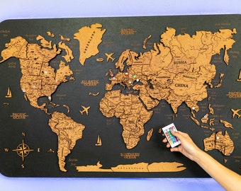 Cork World Map, 3D Wooden World Map, Home Decor, Rustic Wall Decor, Map Of The World, Push Pin, World Map, Travel World Map,Large Travel Map