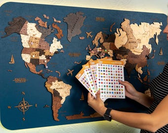 Wooden World Map Push Pin Board: Travel Decor with FREE Pins