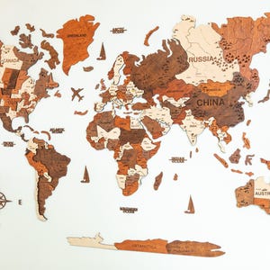 Decoración de pared con mapa del mundo de madera 3D: mapa de viaje rústico con chinchetas