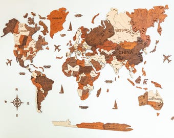 3D Wood World Map Wall Decor: Rustic Push Pin Travel Map