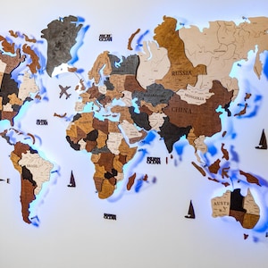 3D Wooden World map LED, Weltkarte Holz, Large Wall Art Wood Wall Map 5th Anniversary Gift, World Map Wall Art World map push pin Travel Map