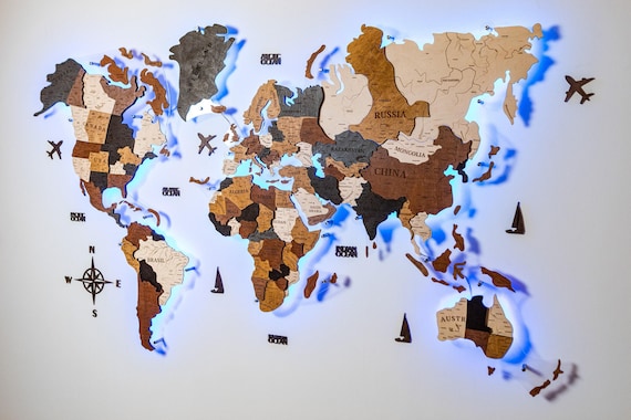 3D Wooden World map LED, Weltkarte Holz, Large Wall Art Wood