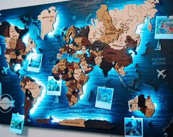 Wooden World Map Wall Art: Push Pin Travel Tracker, Home Office Decor