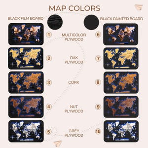 The image is a visual representation of different types of world map boards, each with a unique color and material. The text labels the various map boards, including a black film board, a black painted board, a multicolored plywood board, an oak plywood board, a cork board, a nut plywood board, a grey plywood board, and a grey and black plywood board.