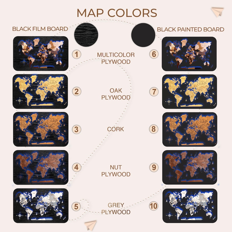The image is a visual representation of different types of world map boards, each with a unique color and material. The text labels the various map boards, including a black film board, a black painted board, a multicolored plywood board, an oak plywood board, a cork board, a nut plywood board, a grey plywood board, and a grey and black plywood board.