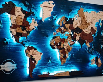 Push Pin World Map – Personalized Wooden Map Wall Art, Custom Wood Sign for Couples