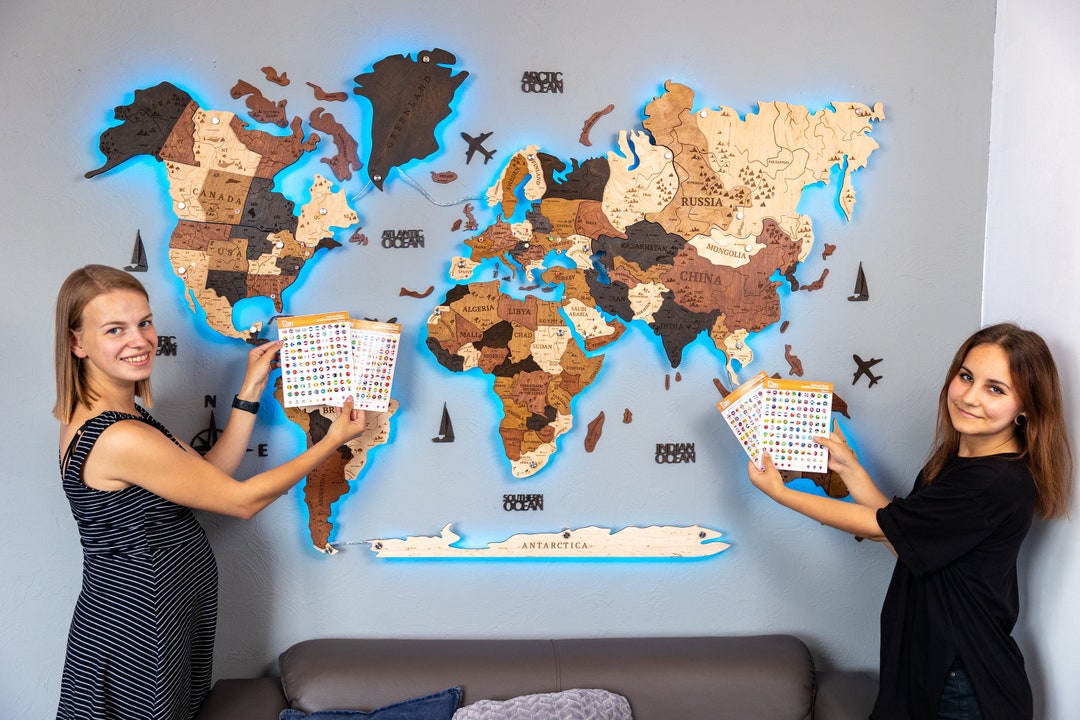 Wood World Art Led Map on the Wall Wooden Push Pin Map 3D Etsy