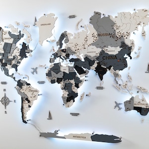 Mappa del mondo in legno 3D con LED da parete: decorazione per la casa in bianco e nero