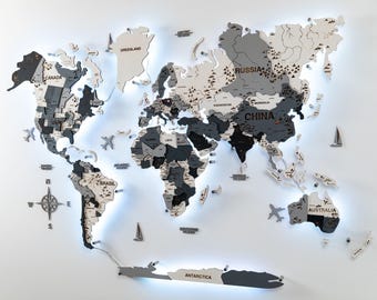 3D Wooden World Map LED Wall Art: Black and White Home Decor