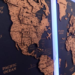 3D Wooden World Map Wall Art: LED Push Pin Travel Map