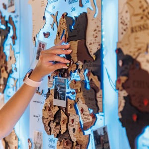 May include: Wooden world map with pins and small photos attached. The map is made of various shades of brown wood and is mounted on a wall with blue LED lighting. The pins are in various colours, and the photos depict landmarks.