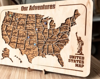 Push Pin United States Map, Travel Map Apartment Decor, USA Map Pin Board Wood Map, US Wooden Wall Map Cork Board, US Map, Wooden Map