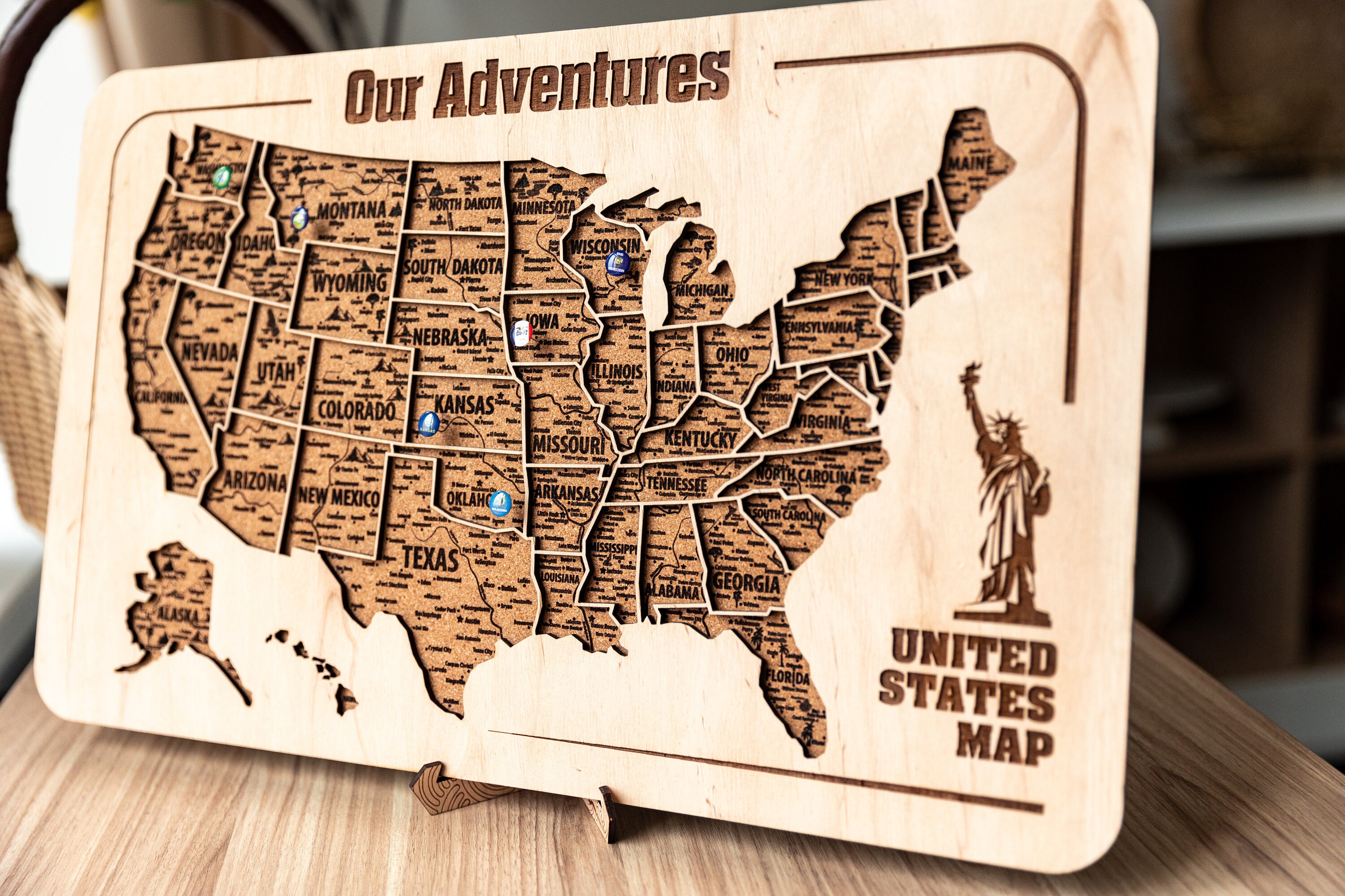 Push Pin USA Map: Wooden Travel Map, Cork Board Apartment Decor