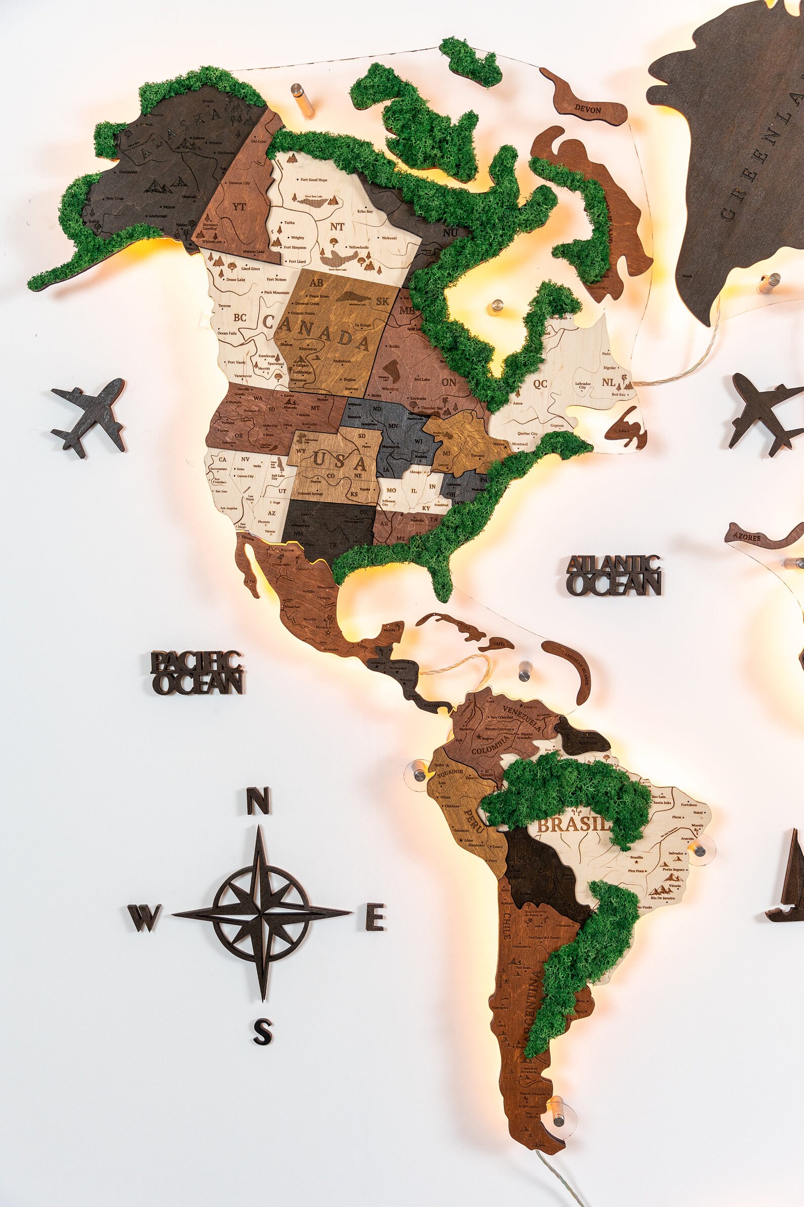 Wooden World Map Led Moss Wall Art Push Pin Wood Map Wall Etsy