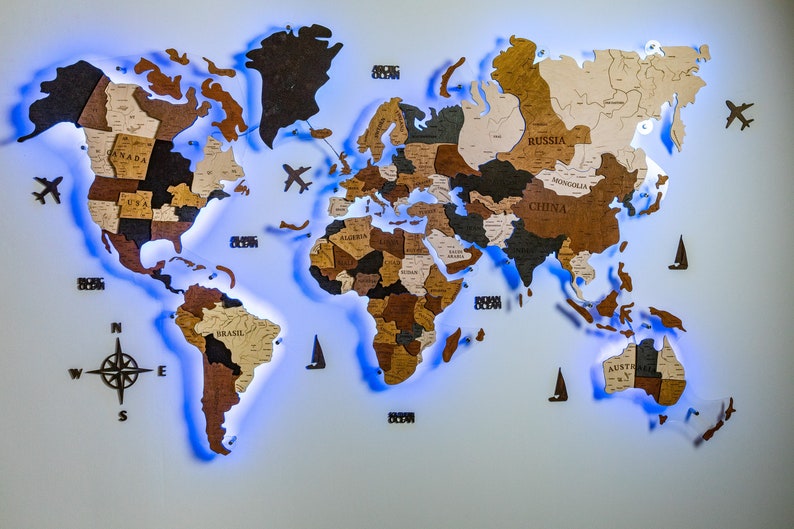 Wooden World Map Led Etsy