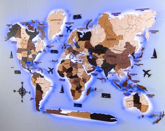 LED Wooden World Map Wall Decor: 3D Travel Art