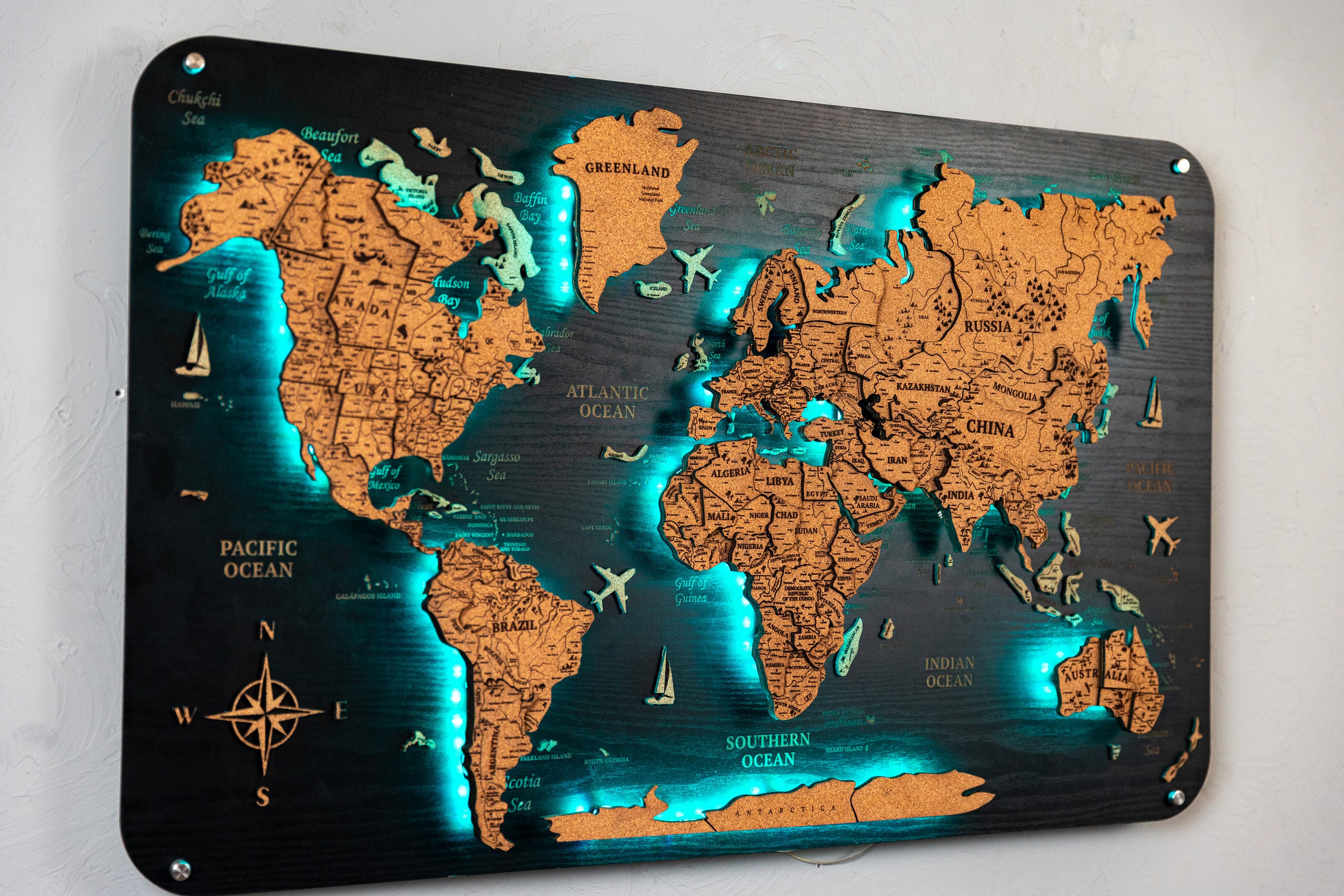 Levitating Wooden World Cork Map Wall Art 3D Backlight World Map