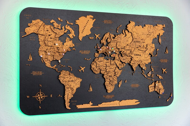 3d World Map Led Cork World Map Wall Art Wooden World Map Etsy Australia