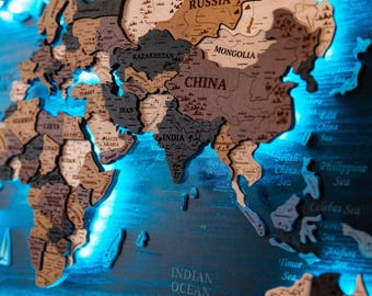 Wooden 3D World Map Wall Art: Push Pin Travel Map with LED