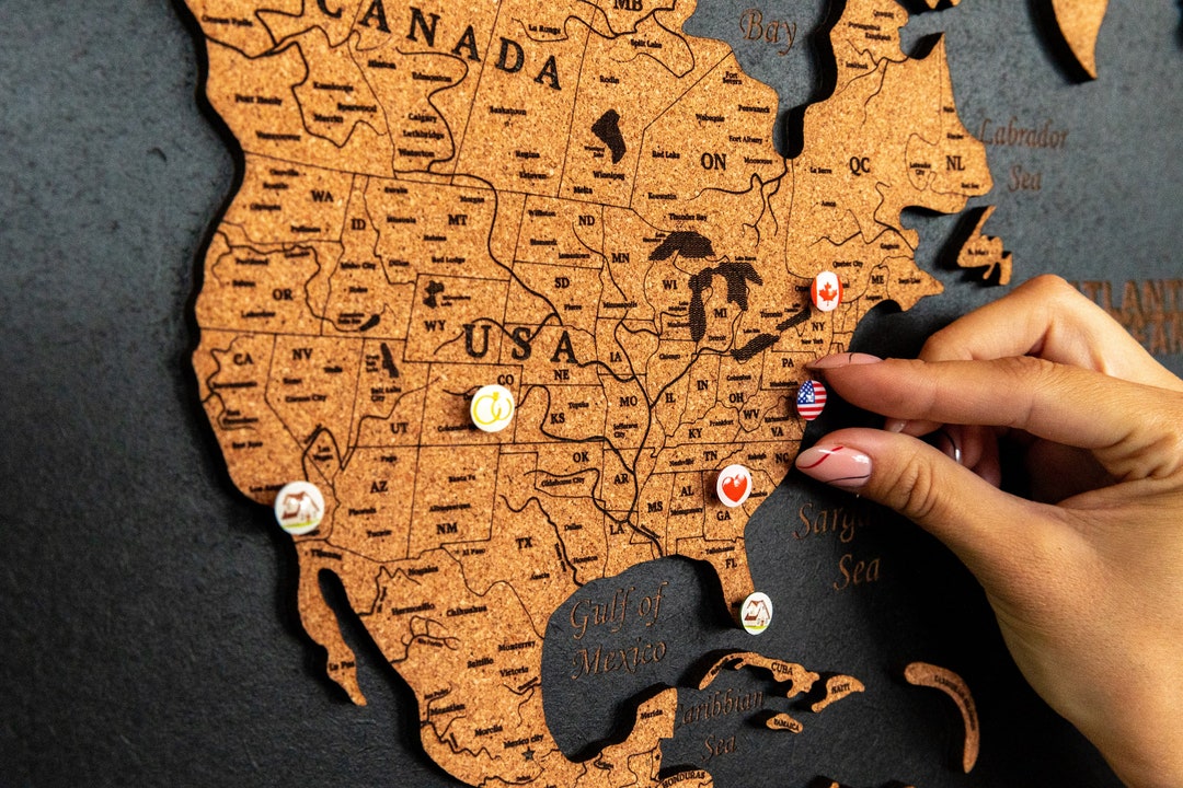 Cork World Map Wall Map World Push Pin Wood Cork Map Etsy