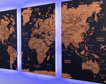 Wooden World Travel Map: Push Pin Wall Art with LED Option