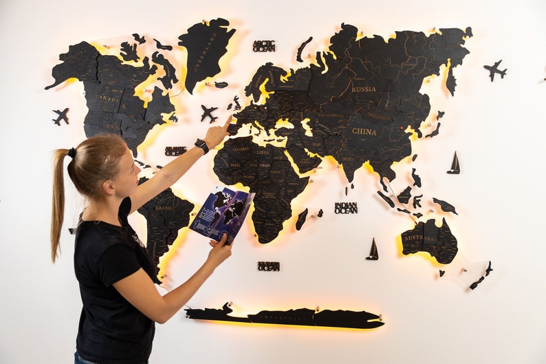 Wooden Black World Map Wall Decor Travel Push Pin Map Etsy