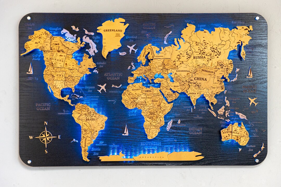 Wooden World Map 3D Led World Map Christmas Gift, Wooden Map New